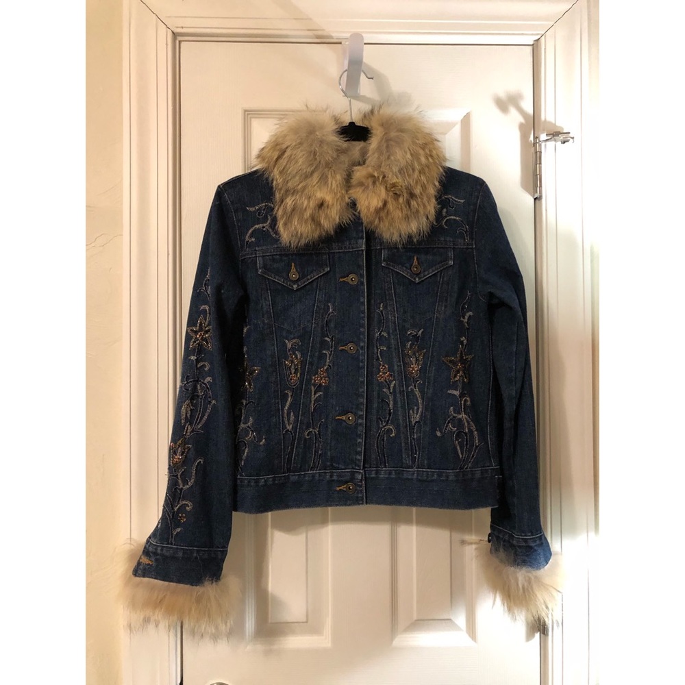 Adrienne Landau Coyote Fur Trim Jean Jacket